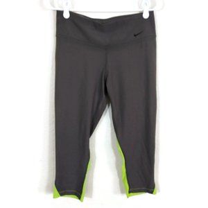 Nike Dri-Fit Womens Running Capri Leggings Back Pocket Mesh Inset Gray/Neon Sz M